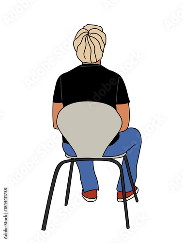 Person viewed from behind sitting on a modern chair with simple shapes. Clean minimalist vector illustration isolated on transparent background.