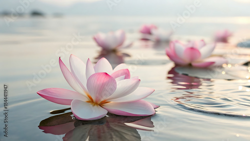 pink lotus flower, Pink and white petals gently floating on calm water, soft reflections