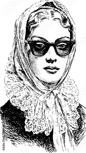 Antique engraving of a woman wearing sunglasses and a scarf. A detailed black vector illustration showcasing vintage fashion with retro elements.