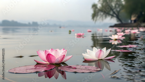 pink water lily, Pink and white petals gently floating on calm water, soft reflections