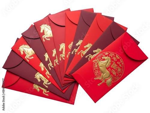 Fan of Red and Burgundy Lunar New Year Envelopes with Golden Horse