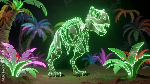 Neon Green T-Rex Skeleton in a Jungle with Glowing Plants and Palm Trees at Night.