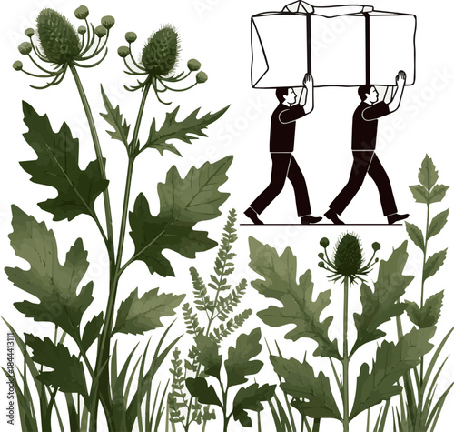 Create a kinds of deferent realistic Two men carrying a very large package across the street vector art white background.