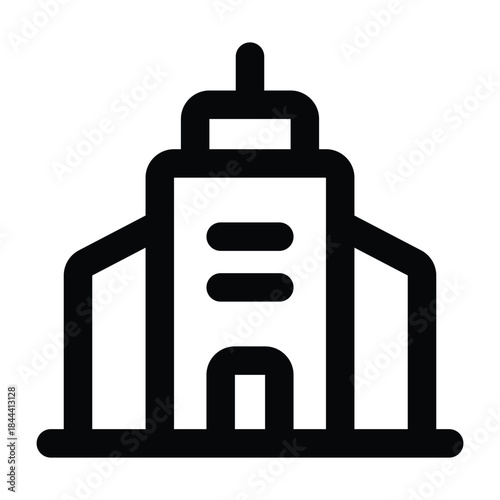 Clean outline illustration of a hotel building with black stroke style. Designed for accommodation services, travel booking platforms, and tourism-related visuals.