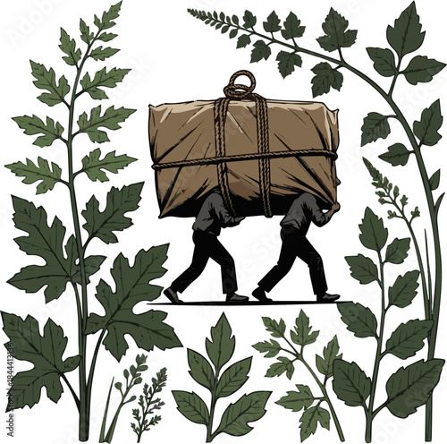 Create a kinds of deferent realistic Two men carrying a very large package across the street vector art white background.