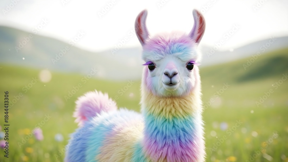 Fototapeta premium Pastel Rainbow Llama in a Meadow - A Whimsical Portrait.