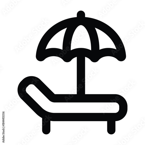 Outline illustration of a sunbed with umbrella using clean black strokes. Ideal for beach resorts, vacation themes, travel marketing, summer tourism, and leisure-related layouts.