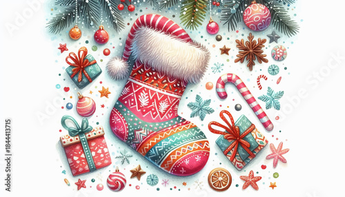 Festive Christmas Stocking Illustration – Watercolor Flat Lay with Gifts, Candy Canes & Ornaments for Greeting Cards, Social Media & Holiday Packaging