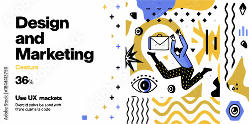 Abstract design featuring a person eye and text about design and marketing