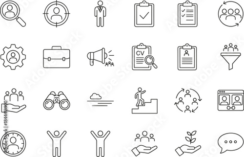 Recruitment and HR management-themed icon pack featuring symbols for magnifying glass search, target audience, resume review, skill development, career ladder, and group collaboration.