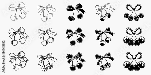 A collection of black and white cherry illustrations with decorative bows
