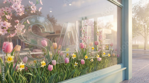 Spring sale horizontal banner with storefront and window display with 3D text SALE. Spring flowers like tulips, daffodils and cherry blossoms. Soft day light, pastel colors, feminine poster design.