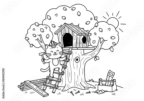 A cat building a treehouse with wooden planks and tools, adventure story, simple line art for kids.