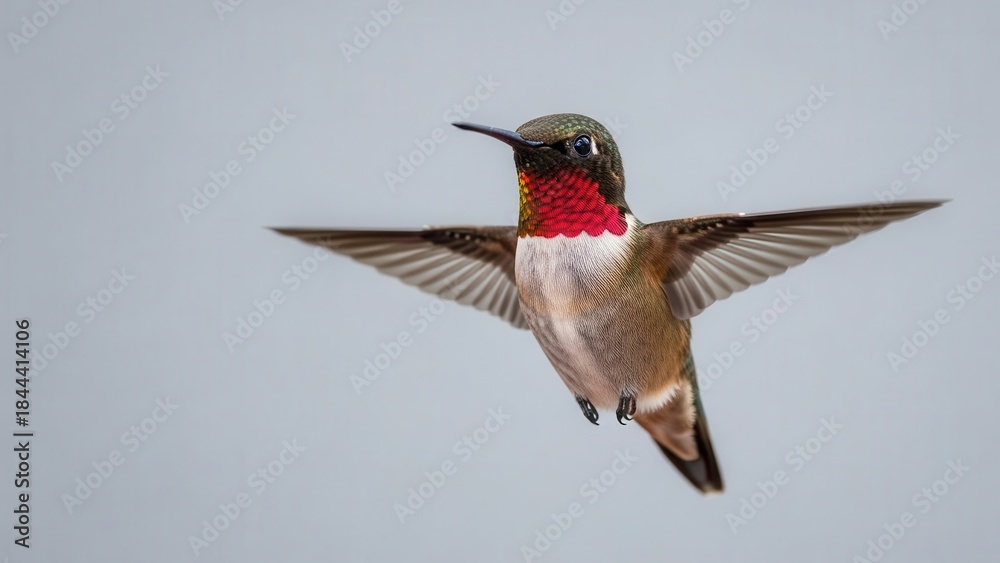 Naklejka premium A male ruby throated hummingbird in flight with iridescent green head and vibrant red gorget against a soft grey sky