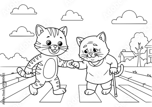 A cat helping an elderly cat cross the street, kindness story, simple line art, kids coloring page.
