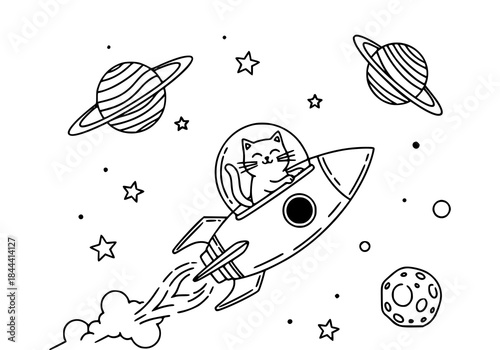A cat traveling in space inside a small rocket, planets and stars around, fun imagination story, line art illustration.