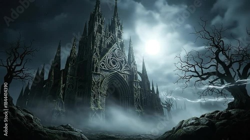 Mysterious Gothic Castle Under a Stormy Sky with Lightning.