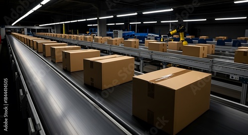 Boxes on a conveyor belt in a distribution warehouse.
