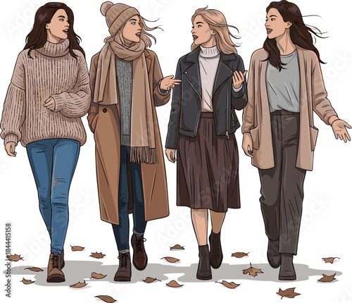 Create a realistic Group of young women walking together on a chilly autumn day and talking vector art with white background..