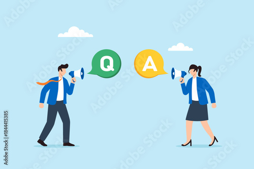 Flat illustration of business people using megaphones to exchange Q and A symbolizing communication discussion collaboration and problem solving