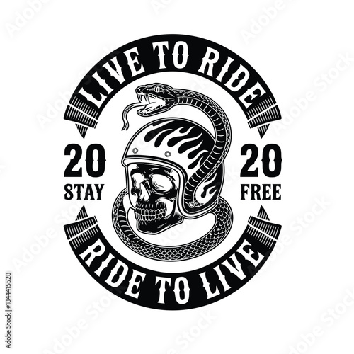 Biker Skull in Helmet with Snake and Flames