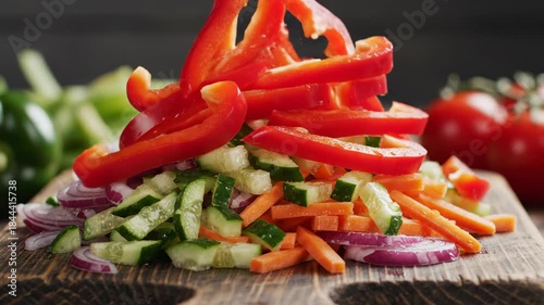Elegant slow motion footage of bright red bell pepper strips gracefully falling onto a pile of freshly diced vegetables on a rustic kitchen counter cooking, chopping, ingredients