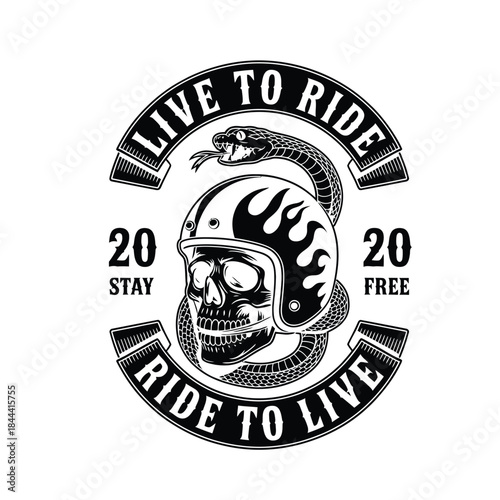 Biker Skull in Helmet with Snake and Flames