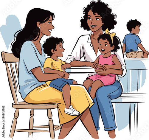 Create a realistic vector art of three women with kids sitting in a cafe in summer, white background.