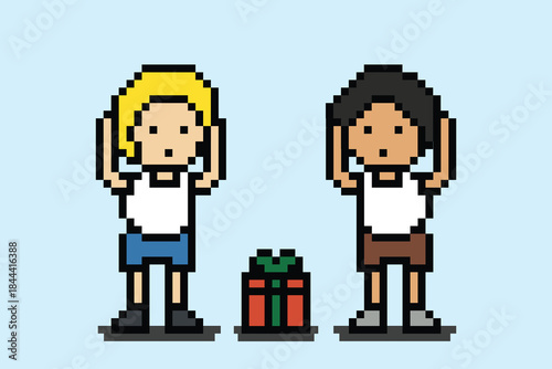 Surprise man with Gift Box give with Happy People in 8 bit pixel art cartoon. Celebration, box, party, gift, surprise, happy , christmas and party birthday.