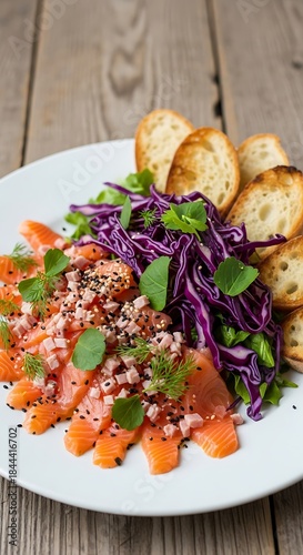 Delicious Salmon Carpaccio with Toasted Bread and Fresh Salad on Wooden Table.