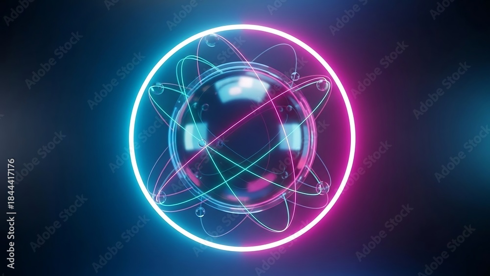 Fototapeta premium Futuristic Neon Atom Model with Glowing Orbitals.