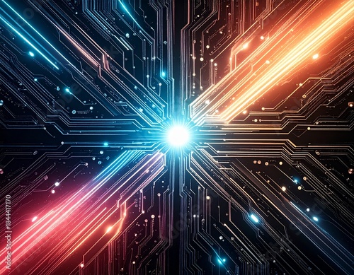 Futuristic circuit board pattern with glowing neon lines