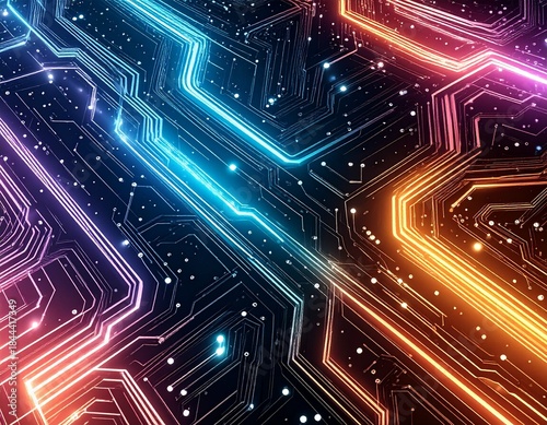 Futuristic circuit board pattern with glowing neon lines
