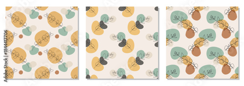 Set of trendy minimalist seamless botanical pattern with abstract creative art hand drawn composition