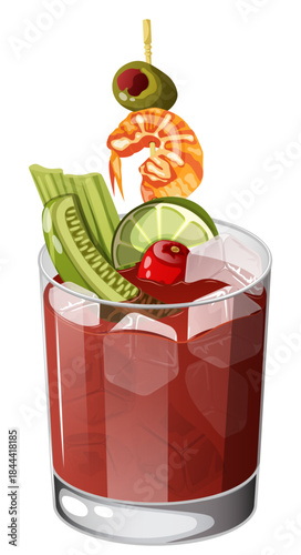Bloody Mary Cocktail with Shrimp, Celery, Dill Pickle Slice, Cherry Tomato, Lime and Olive Garnish in Short Glass – Classic Vodka Tomato Juice Drink Vector Illustration