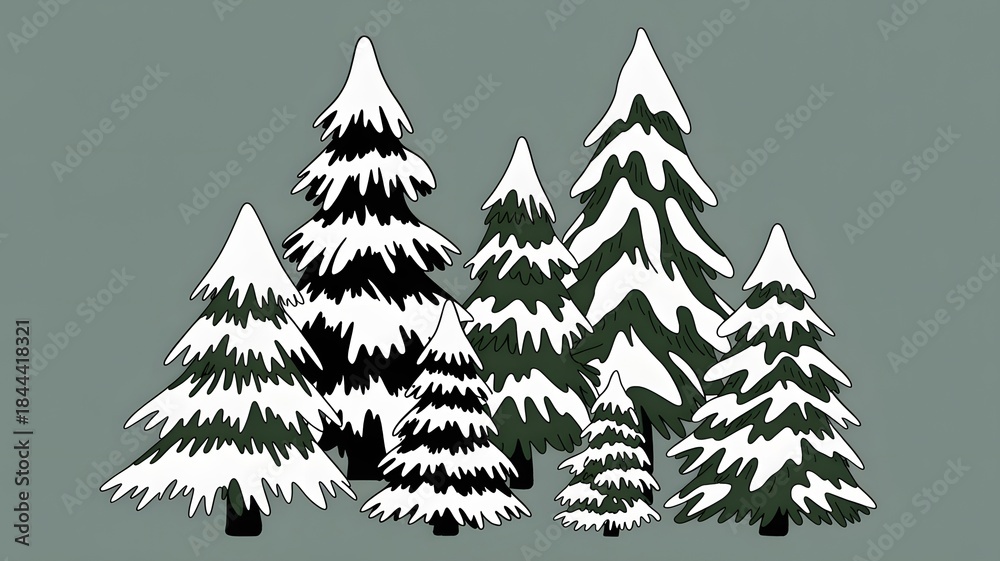 Obraz premium Stylized evergreen trees covered in snow winter forest