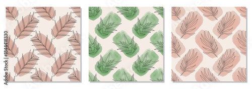 Set of trendy minimalist seamless botanical pattern with abstract creative line art hand drawn composition