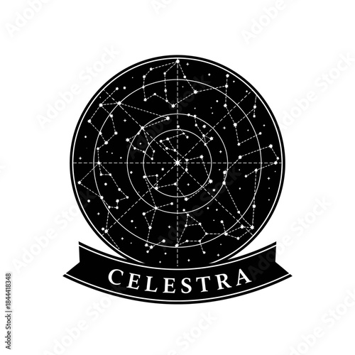 Celestra Constellation Map with Celestial Star Chart and Cosmic Design.