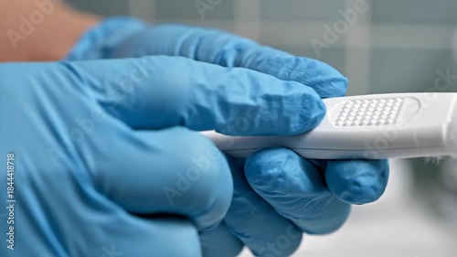Hands in blue gloves holding a rapid medical diagnostic test kit