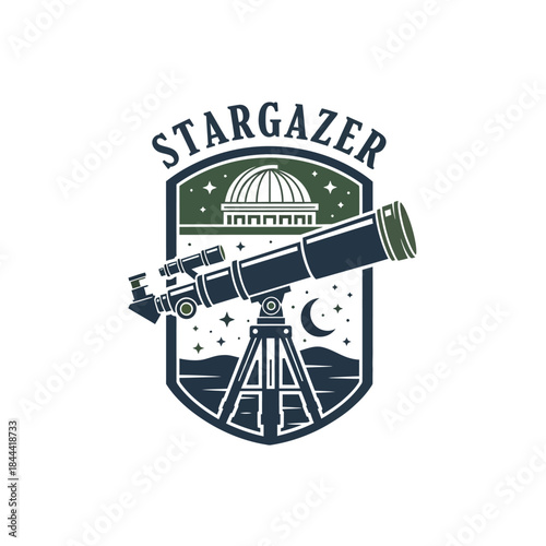Stargazer Telescope Badge Logo Design with Observatory and Night Sky.