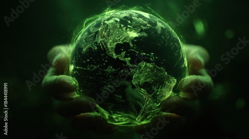 Hands Holding a Neon Green Globe Representing Environmental Awareness and Sustainability for Eco-Friendly Themes