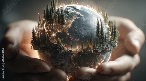 Hands Holding a Glowing Earth Surrounded by Trees and Natural Elements in an Artistic and Symbolic Representation