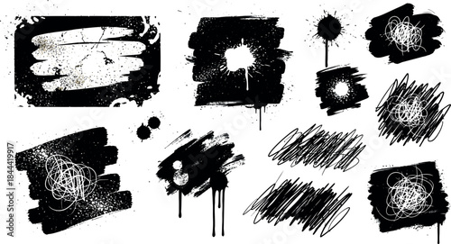 Set of black ink splashes and stains with grunge paint texture design