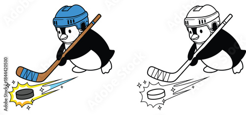 Cute cartoon penguin playing ice hockey vector illustration Funny mascot character hitting a puck with a stick Color and black and white outline version isolated on white background