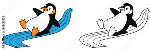 Cute cartoon penguin sliding on belly vector illustration set Happy aquatic bird character playing on ice slide Colored and outline design isolated on white background for coloring book