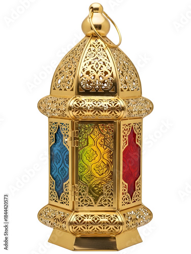 Golden Filigree Arabic Lantern with Ornate Colored Glass