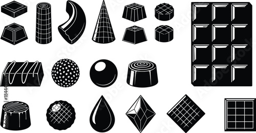 Set of black chocolate icons, vector silhouettes of candy bars, truffles, and pralines for dessert menus, sweet shops, valentines day, packaging, and confectionery design