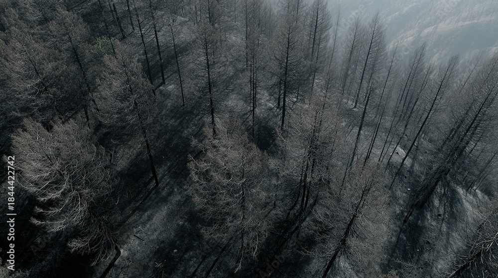 Fototapeta premium Versatile editorial aerial asset of post-wildfire terrain, cool-toned and clear with caption space for diverse reporting
