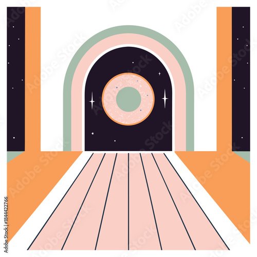 Minimalist abstract archway with a view of a starry galaxy, featuring geometric shapes and pastel colors