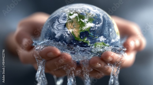 Hands Holding a Globe with Flowing Water Symbolizing Environmental Awareness and Global Responsibility for a Sustainable Future